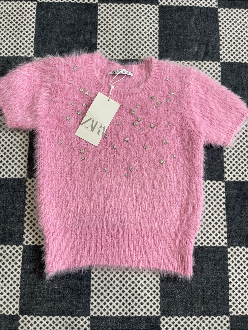 Zara Pink Fuzzy Crewneck Sweater with Rhinestones - Picture 2 of 4